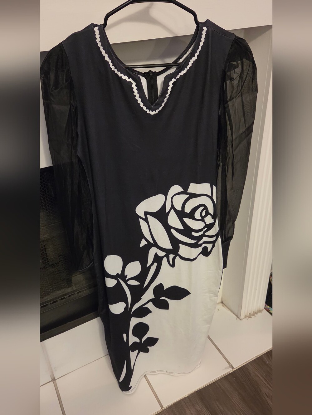Black and White Rose-Print Maxi Dress